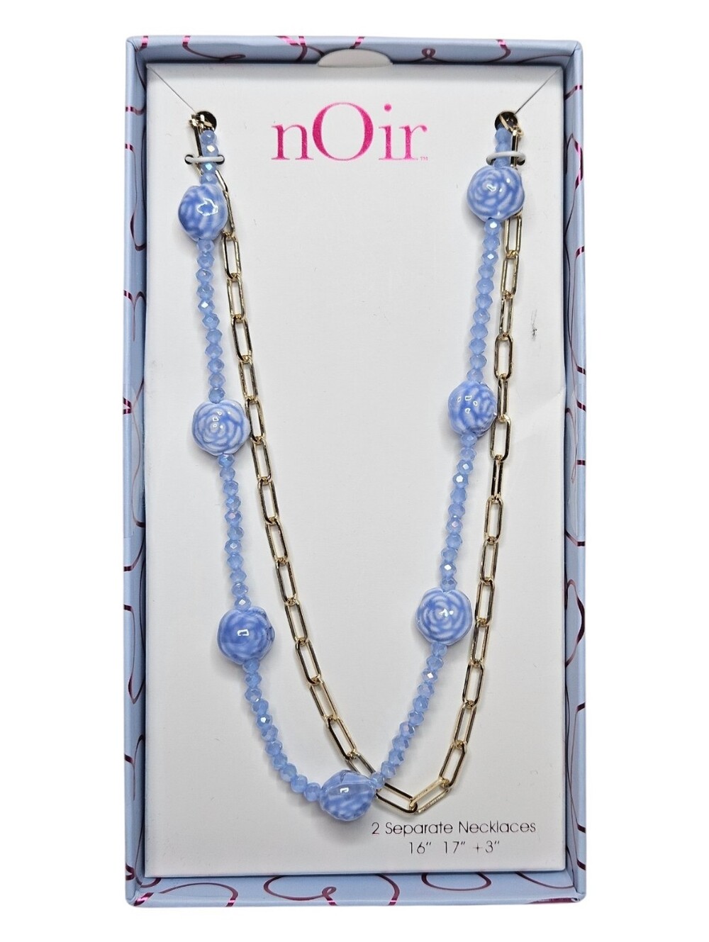 nOir Blue Beaded Layered Necklace Set | Gold Chain & Floral Beads | NEW